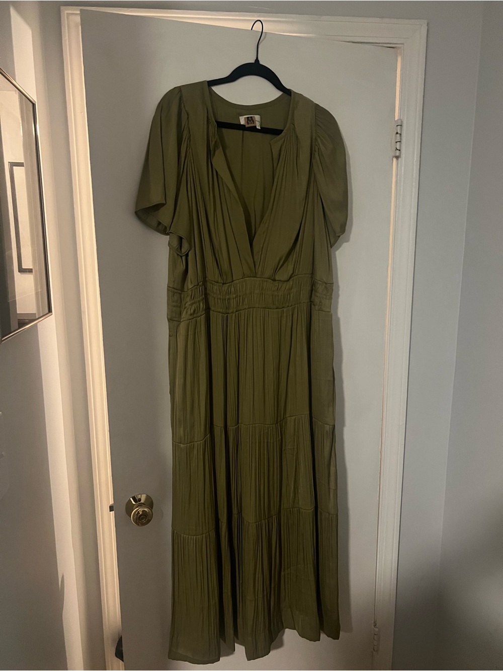 Anthropologie Olive Tiered V-Neck Satin Maxi Dress